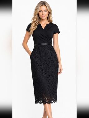 Miusol Black Wrap-Top Lace Midi Dress (Size:large)
